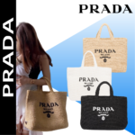【プラダ】サマー素材/スモール ラフィアトートバッグ ロゴ 刺繍 カゴ-選べる2色